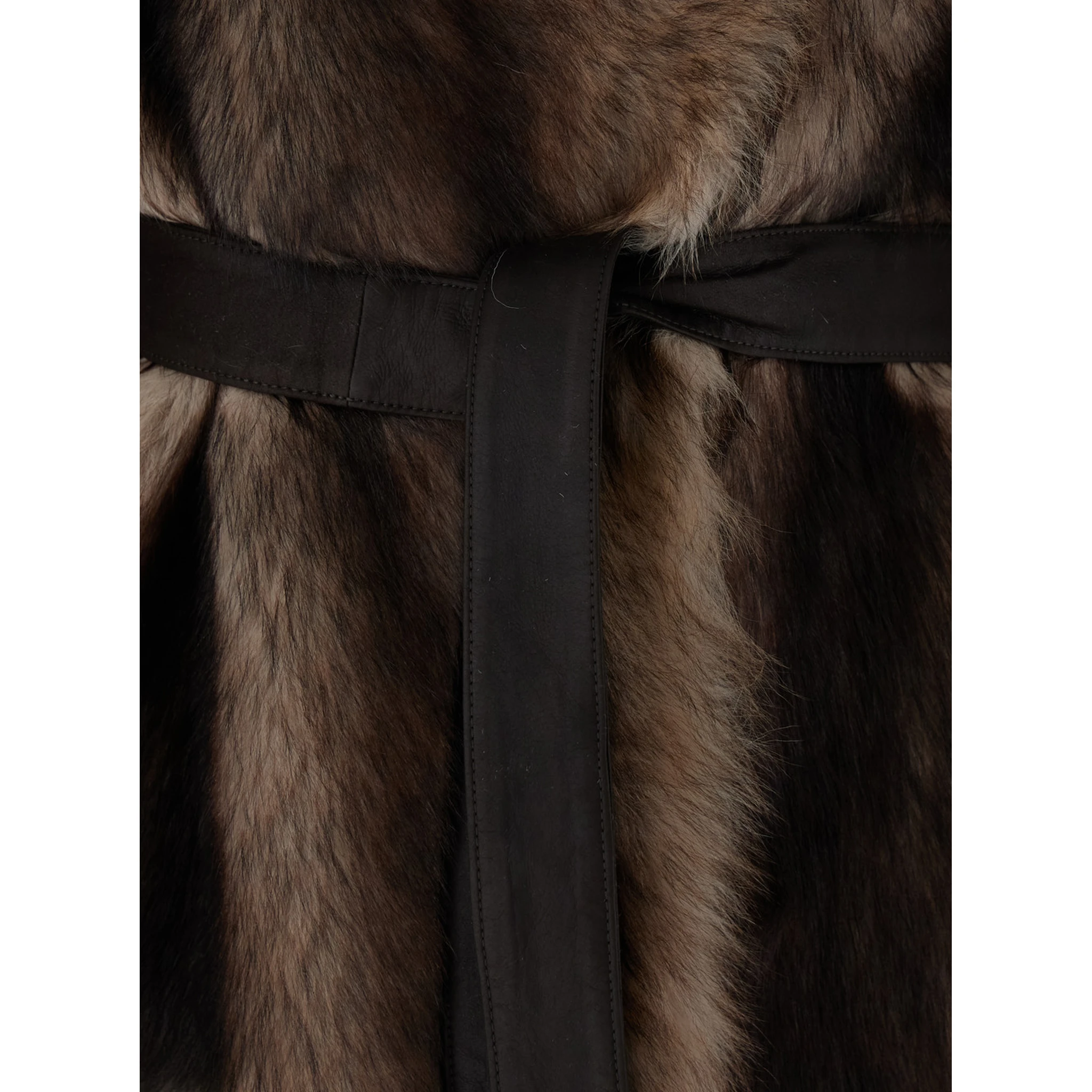 Brown Shearling Coat with High Neck and Front Belt Closure in Fur Woman