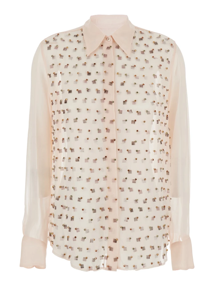 Chowy Pink Shirt with Classic Collar and Rhinestone Embellishments on the Front in Viscose Woman