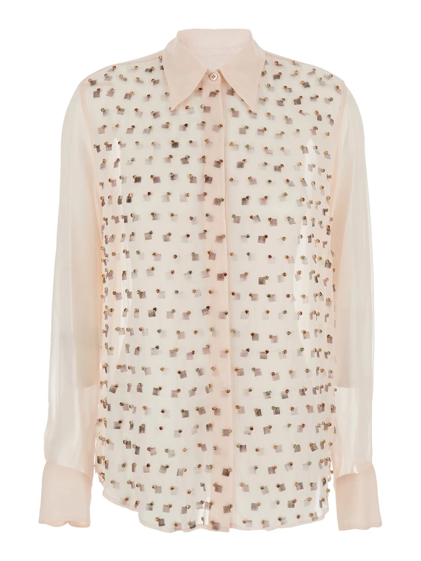 Chowy Pink Shirt with Classic Collar and Rhinestone Embellishments on the Front in Viscose Woman