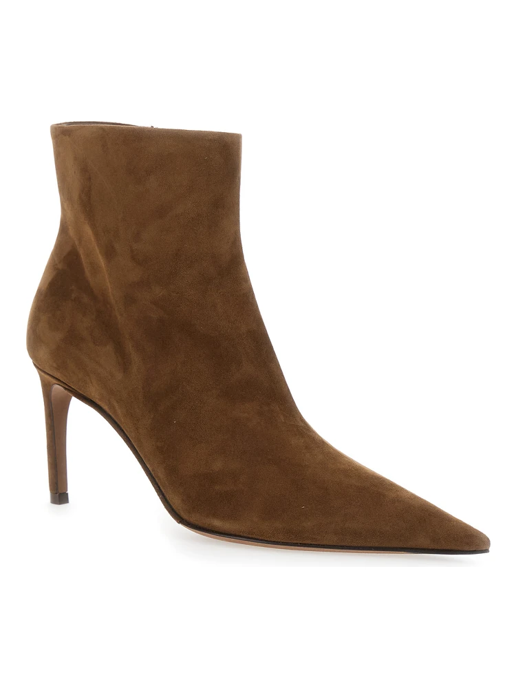 Beige Ankle Boots with Pointed Toe and Metallic Logo in Suede Woman alternative