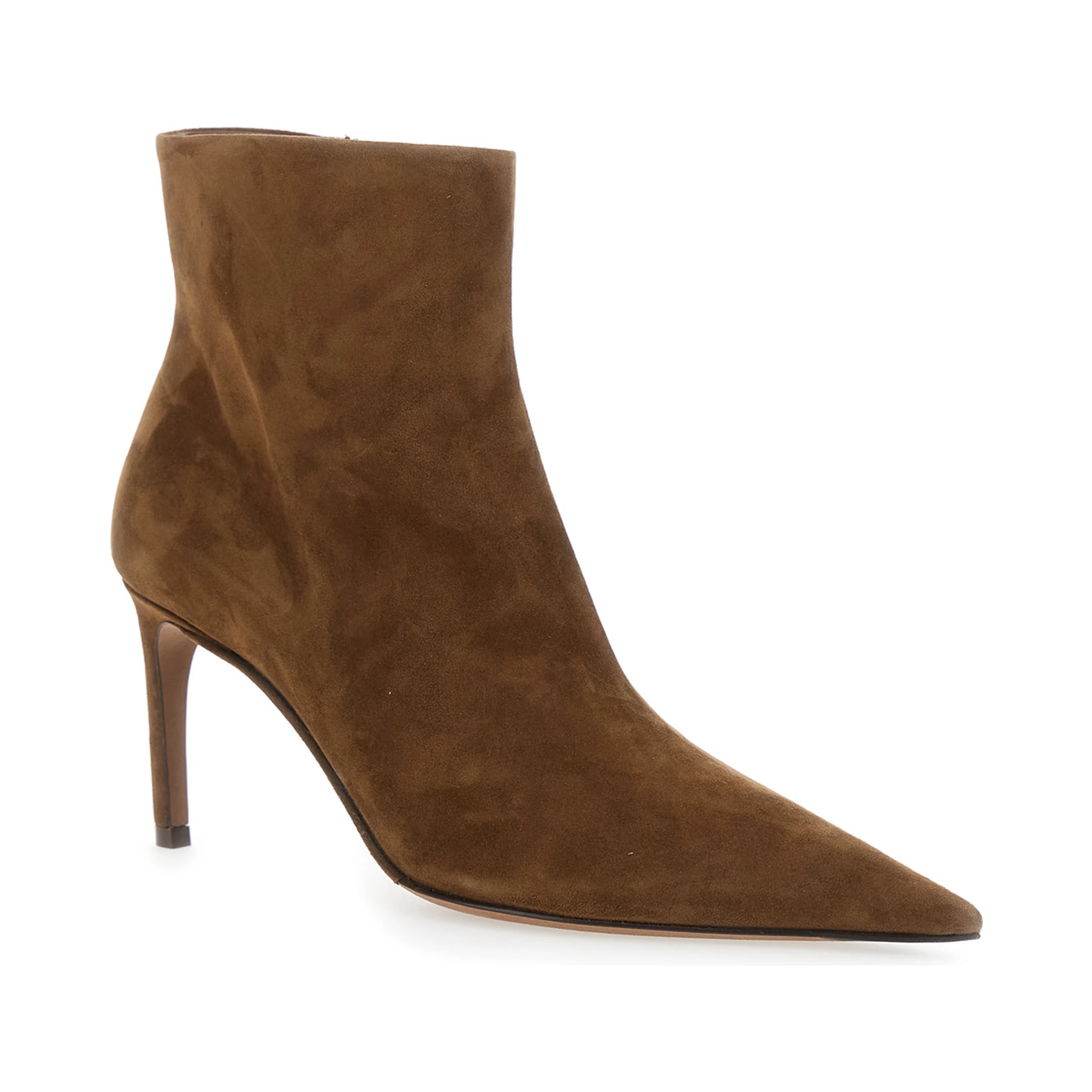 Beige Ankle Boots with Pointed Toe and Metallic Logo in Suede Woman