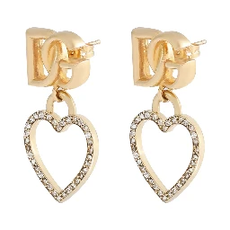 Metallic Earings with Logo Plaque and Heart Pendant in Brass and Glass Woman