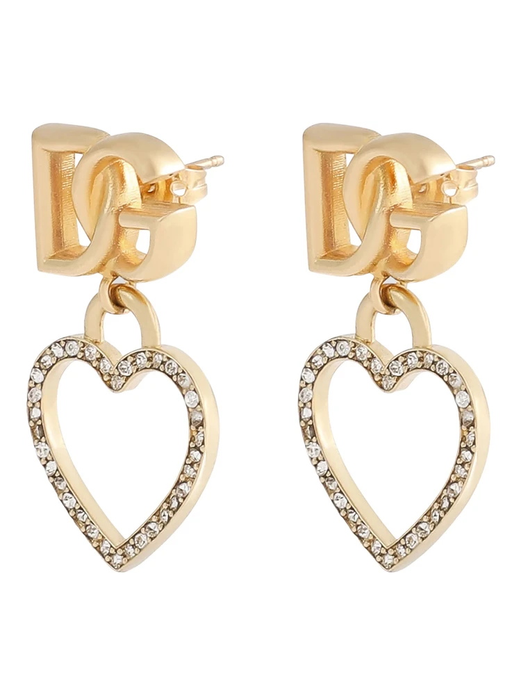 Metallic Earings with Logo Plaque and Heart Pendant in Brass and Glass Woman alternative