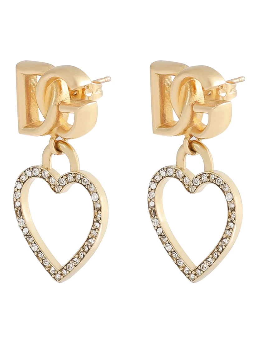 Metallic Earings with Logo Plaque and Heart Pendant in Brass and Glass Woman