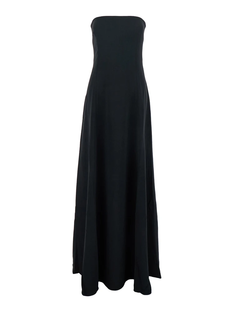 Helena Black Long Dress with Bare Shoulder and Flared Hem in Twill Woman