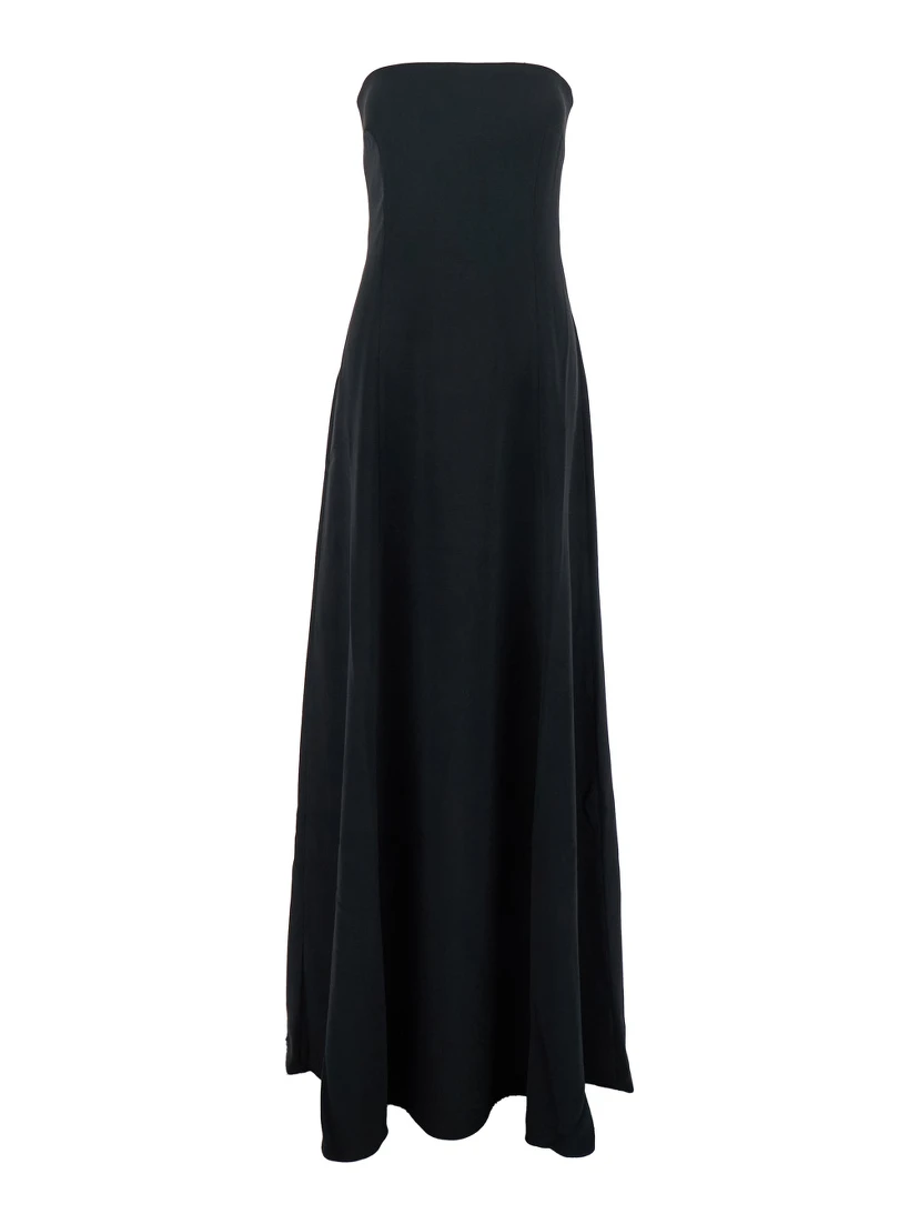 Helena Black Long Dress with Bare Shoulder and Flared Hem in Twill Woman