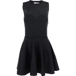 Black Crew Neck Dress with Flared Skirt in Fabric Woman