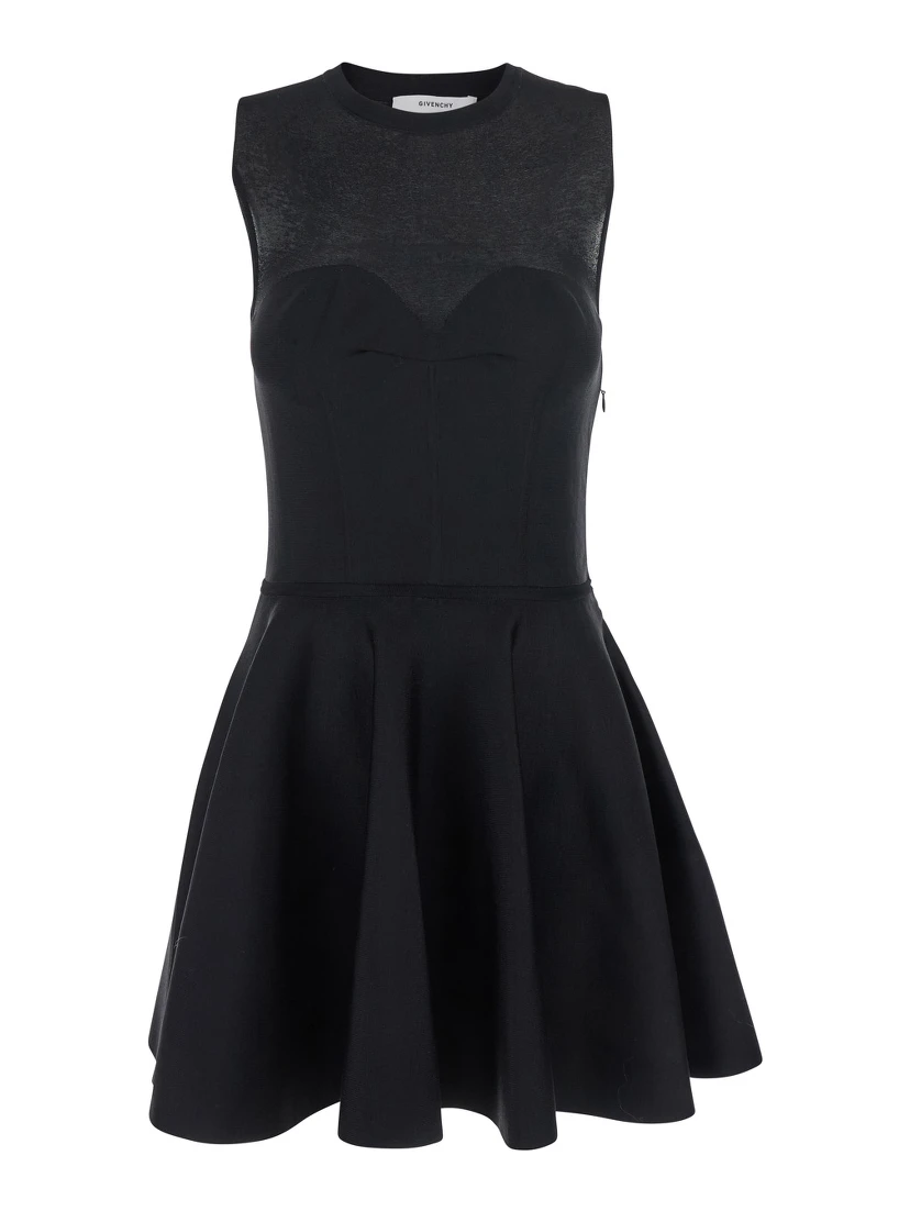 Black Crew Neck Dress with Flared Skirt in Fabric Woman