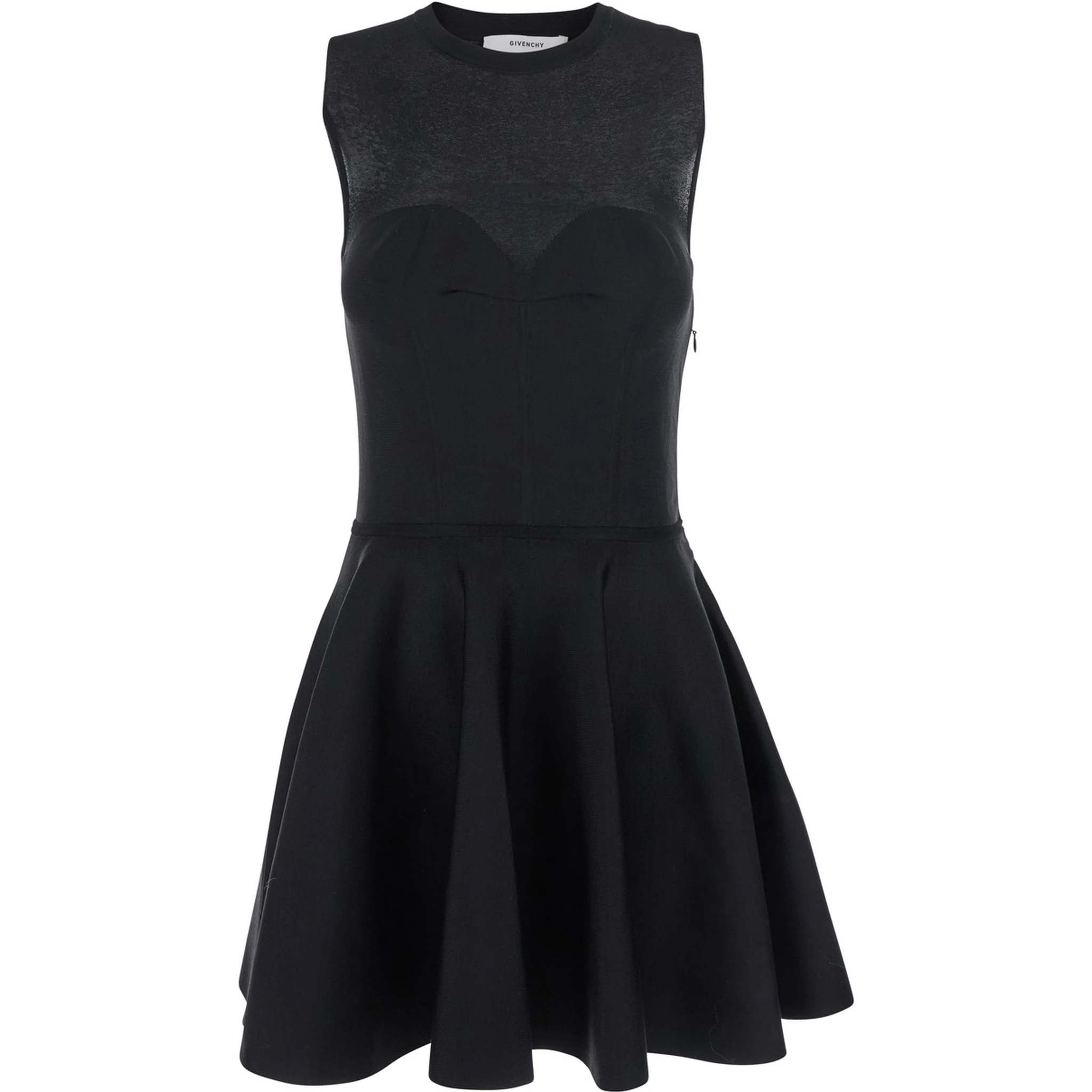 Black Crew Neck Dress with Flared Skirt in Fabric Woman