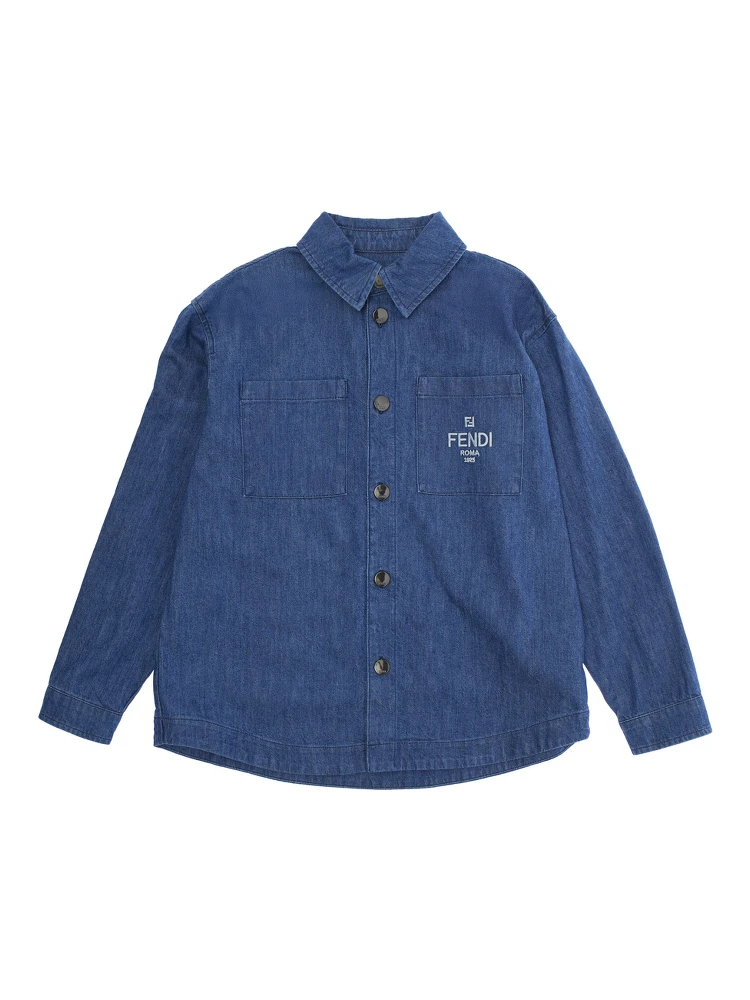 Blue Jacket with Classic Collar and Logo Lettering Embroidery on the Front in Denim Boy