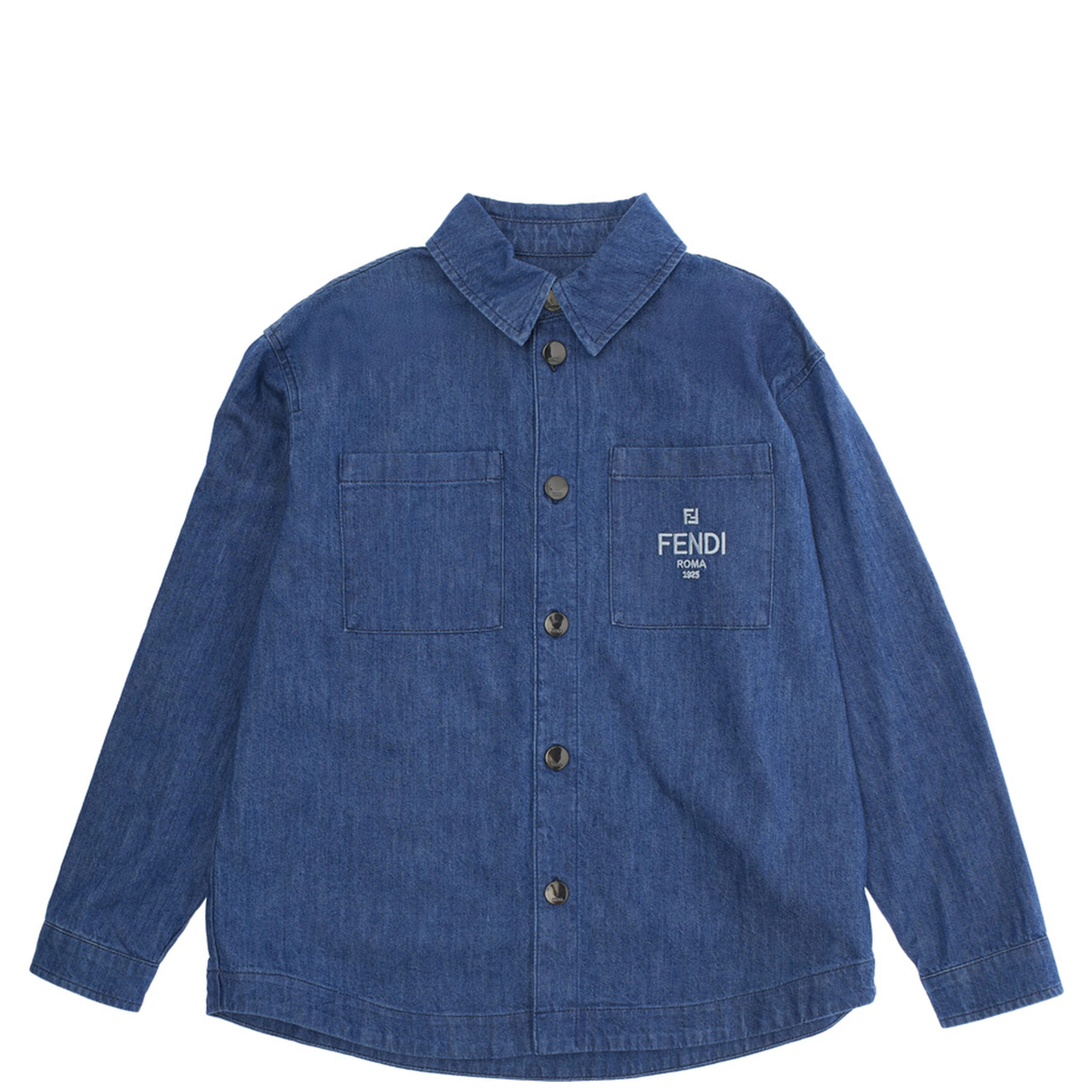 Blue Jacket with Classic Collar and Logo Lettering Embroidery on the Front in Denim Boy