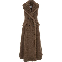 Brown Sleeveless Coat with Wide Classic Lapels in Fur Woman