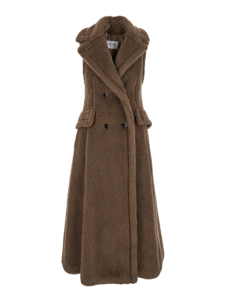 Brown Sleeveless Coat with Wide Classic Lapels in Fur Woman
