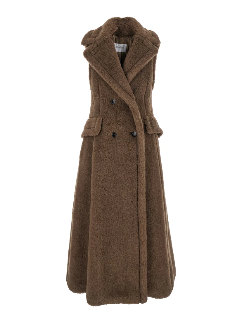 Brown Sleeveless Coat with Wide Classic Lapels in Fur Woman
