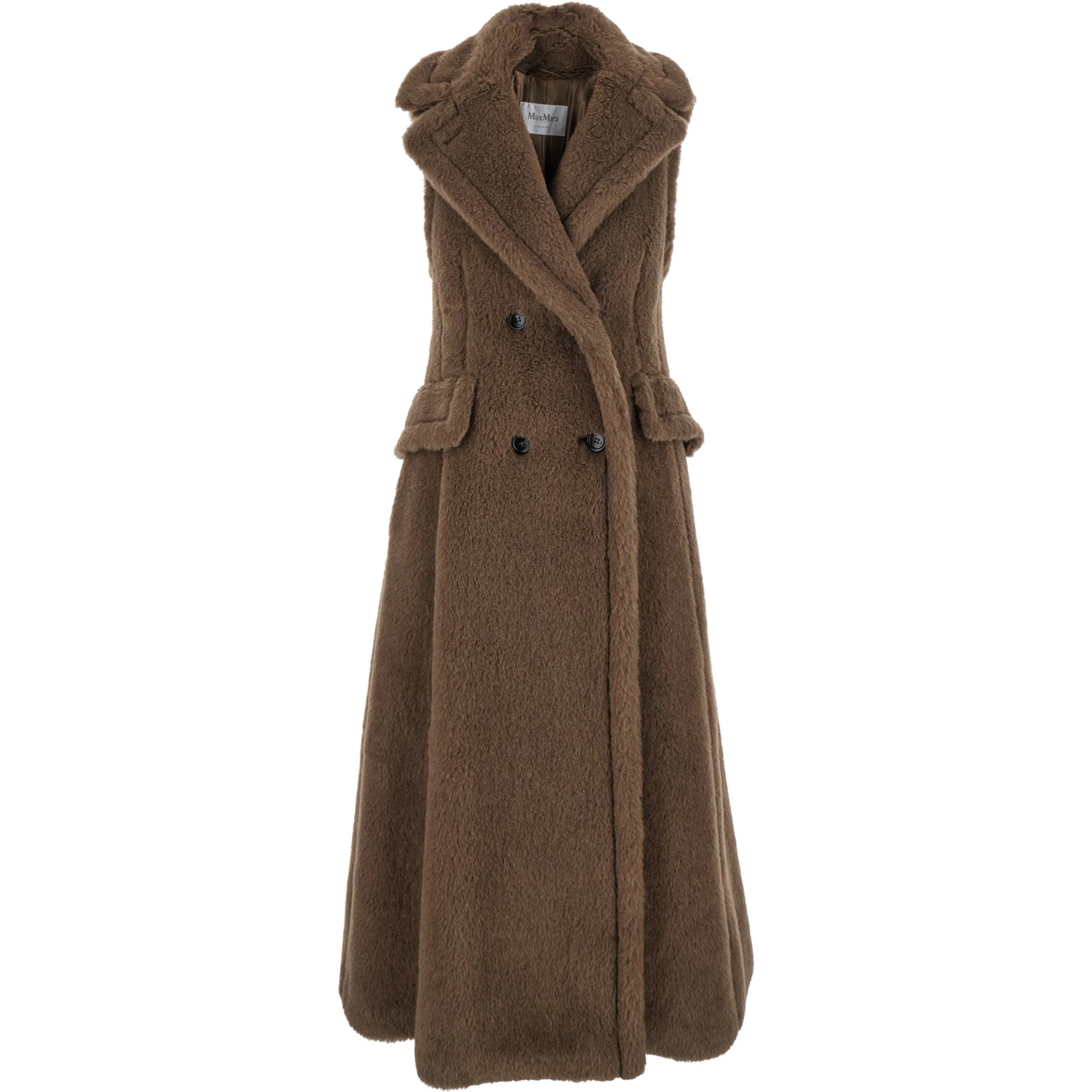 Brown Sleeveless Coat with Wide Classic Lapels in Fur Woman