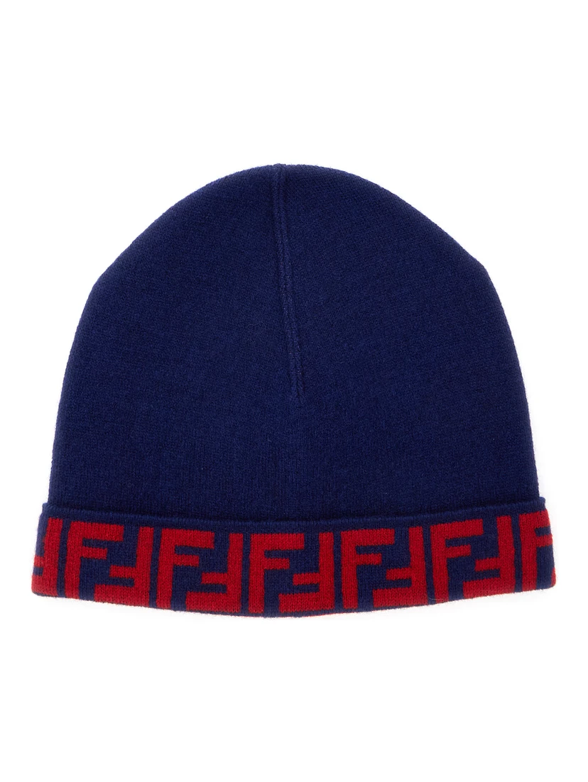 Blue Beanie with FF Brim in Wool and Cashmere Woman