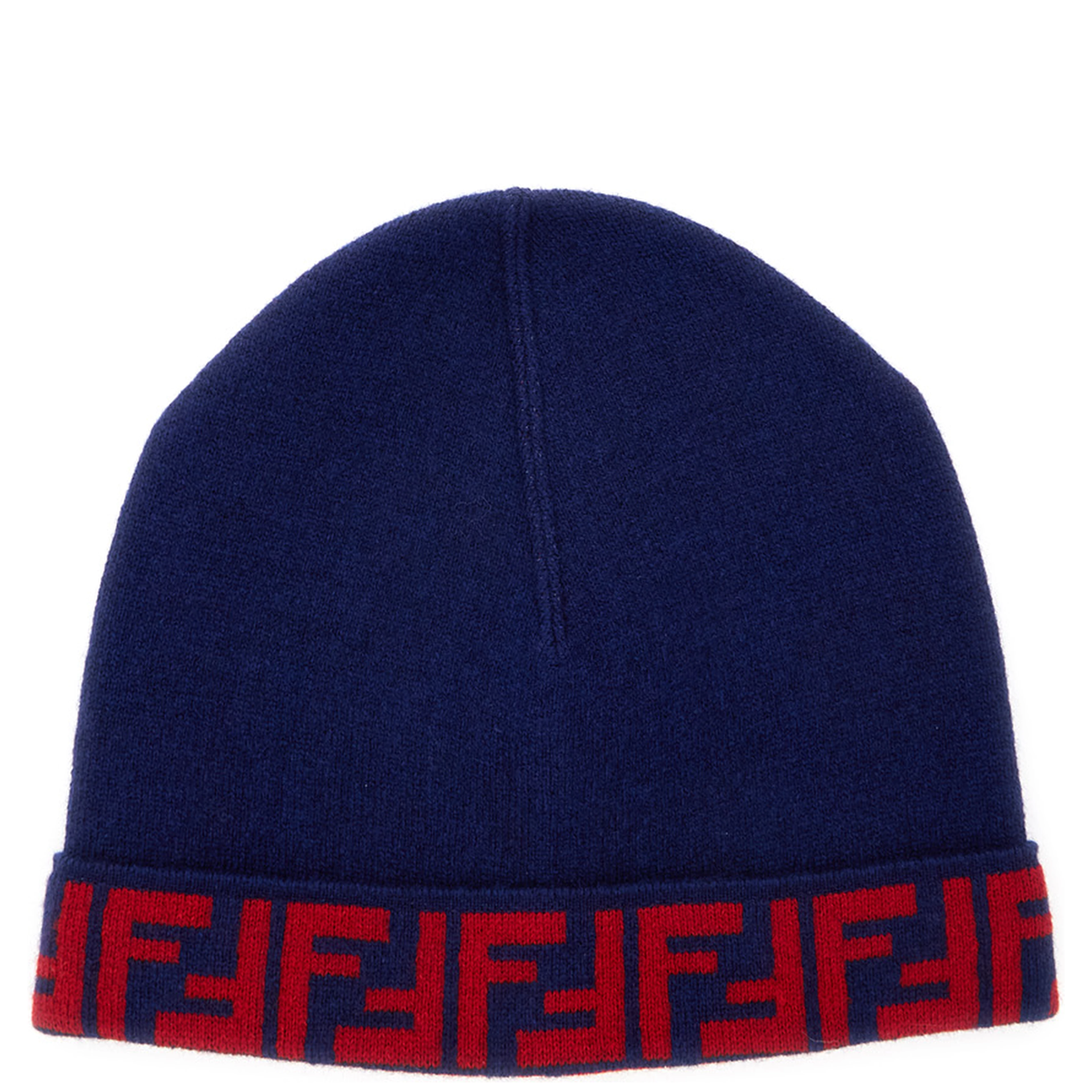 Blue Beanie with FF Brim in Wool and Cashmere Woman