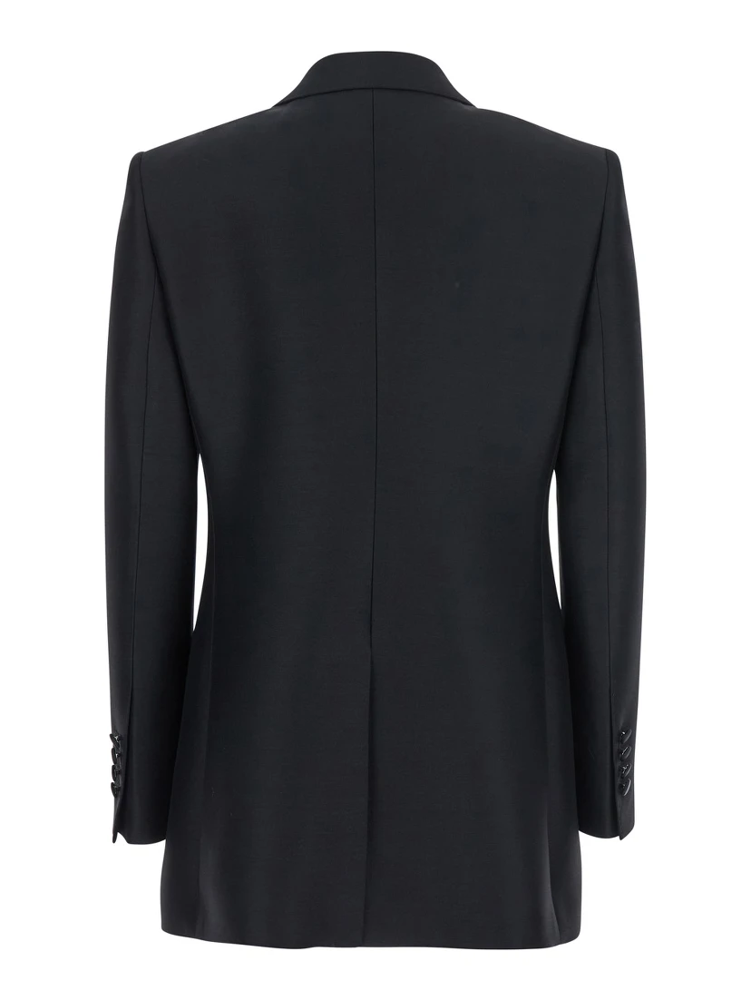 Black Double-Breasted Jacket with Peak Revers in Wool and Silk Woman
