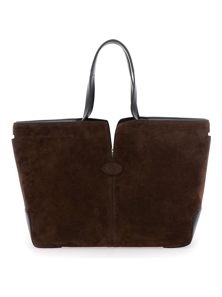 Brown Tote Bag with Two Top Handles and Metal Details on the Side in Leather Woman
