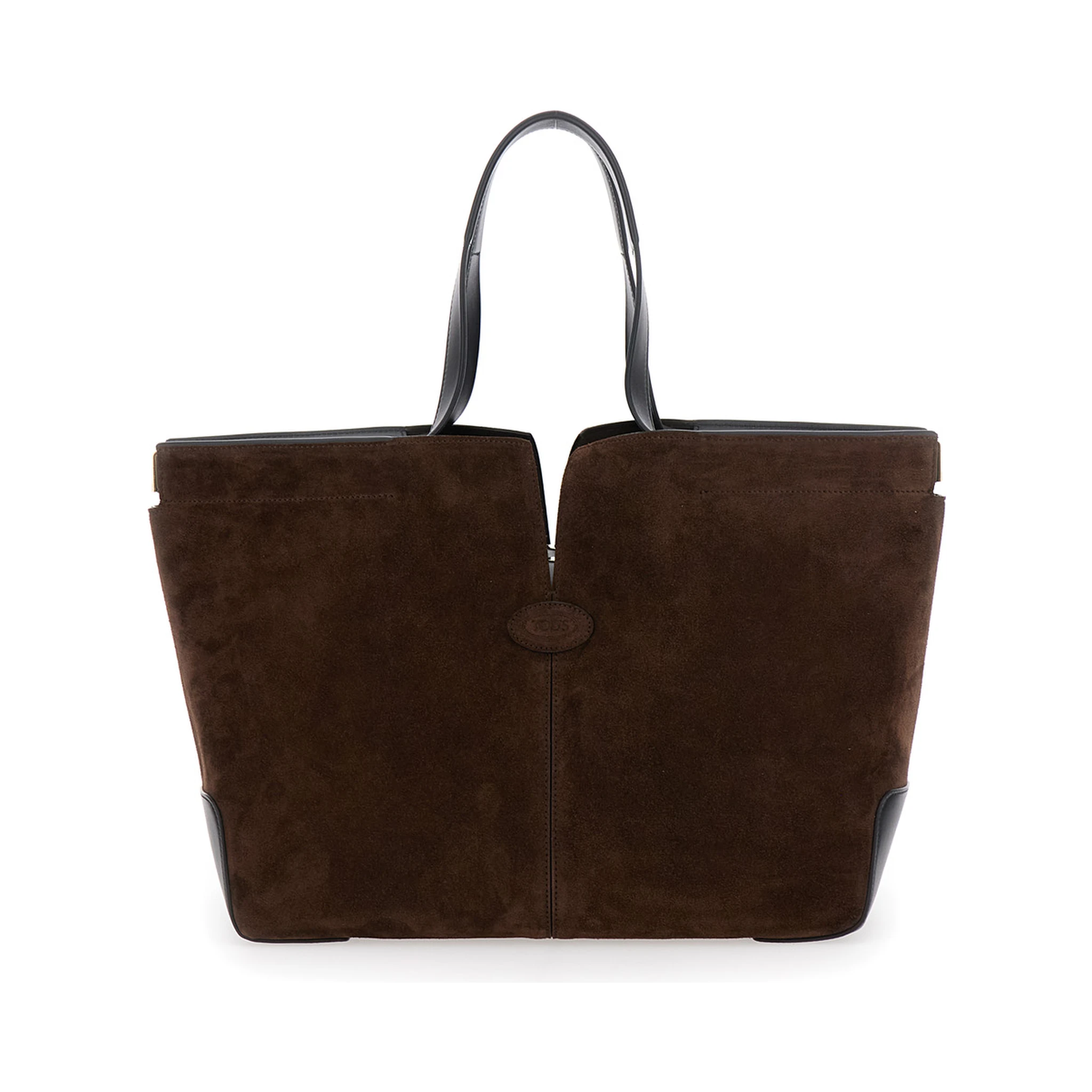 Brown Tote Bag with Two Top Handles and Metal Details on the Side in Leather Woman