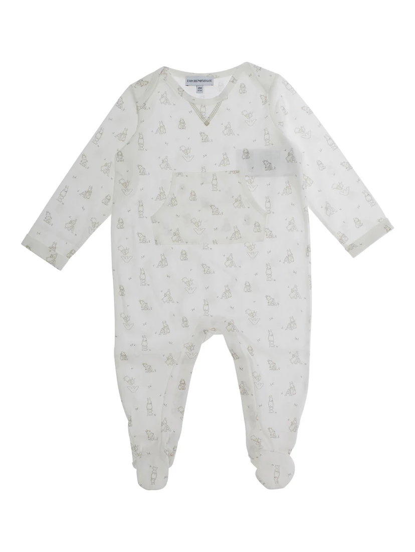White Onesie with All-Over Logo Motif in Cotton Baby