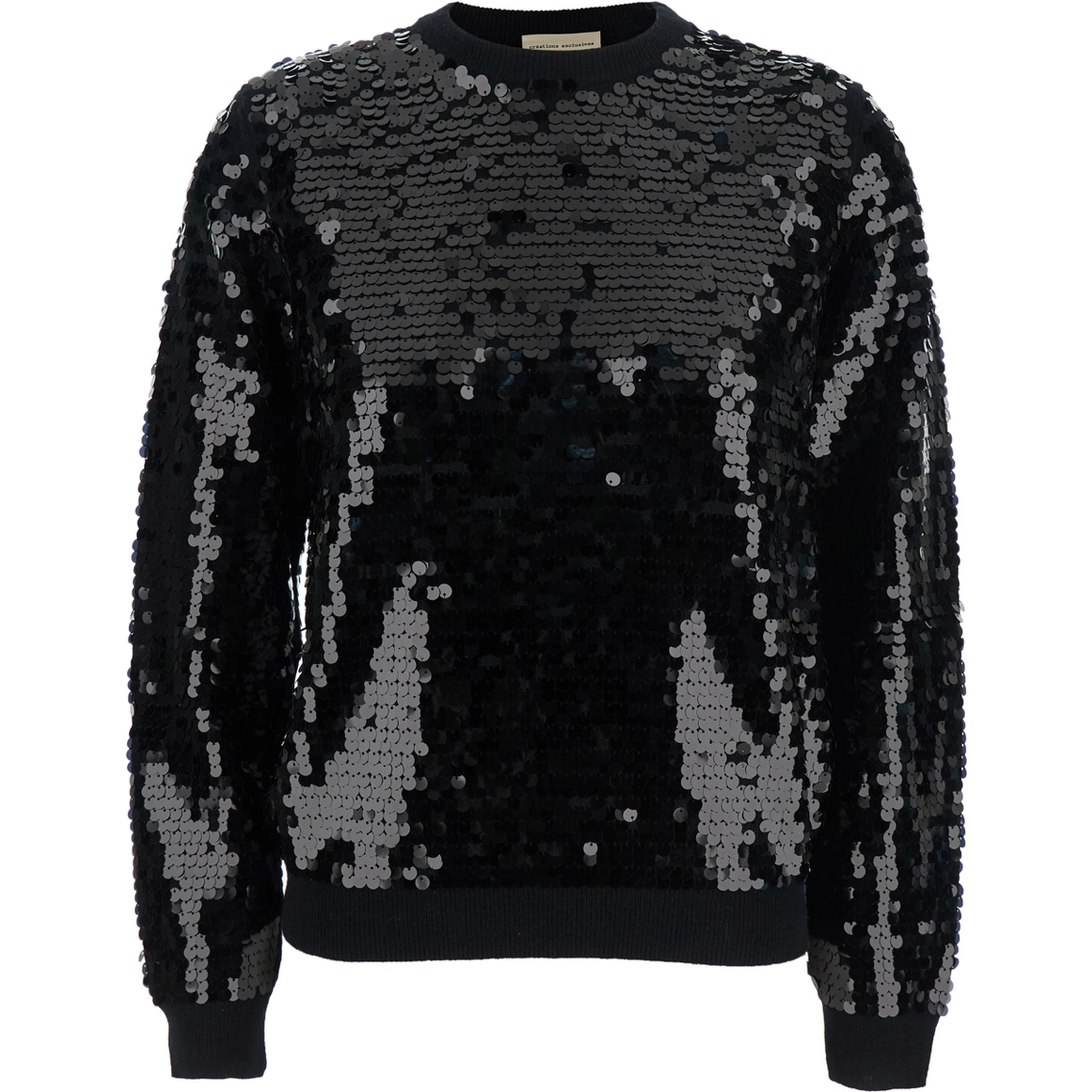 Black Sweater with All-Over Sequins in Wool Woman