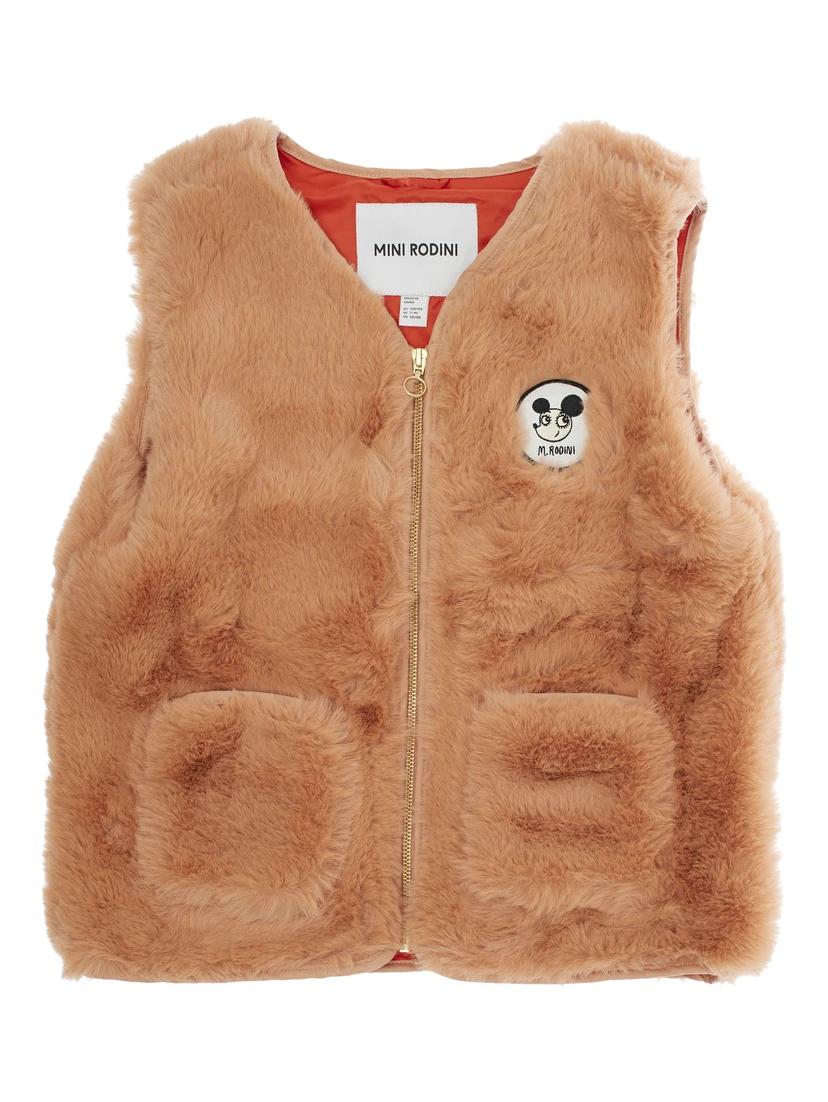 Beige Vest with Logo Patch on the Front in Faux Fur Boy