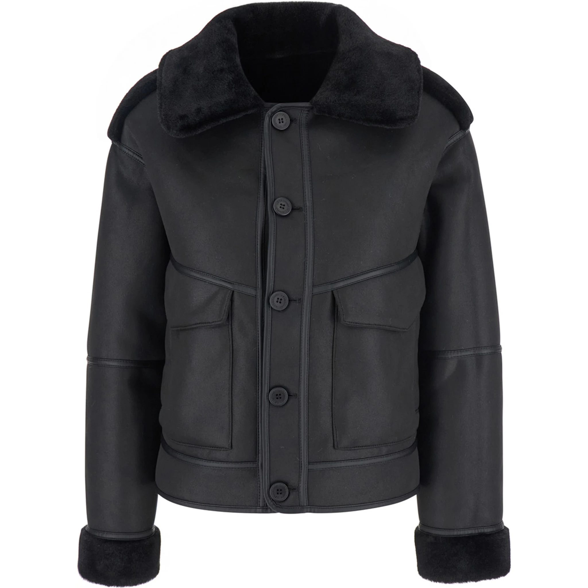 Black Shearling Coat with Classic Collar and Button Closure in Faux Fur Woman