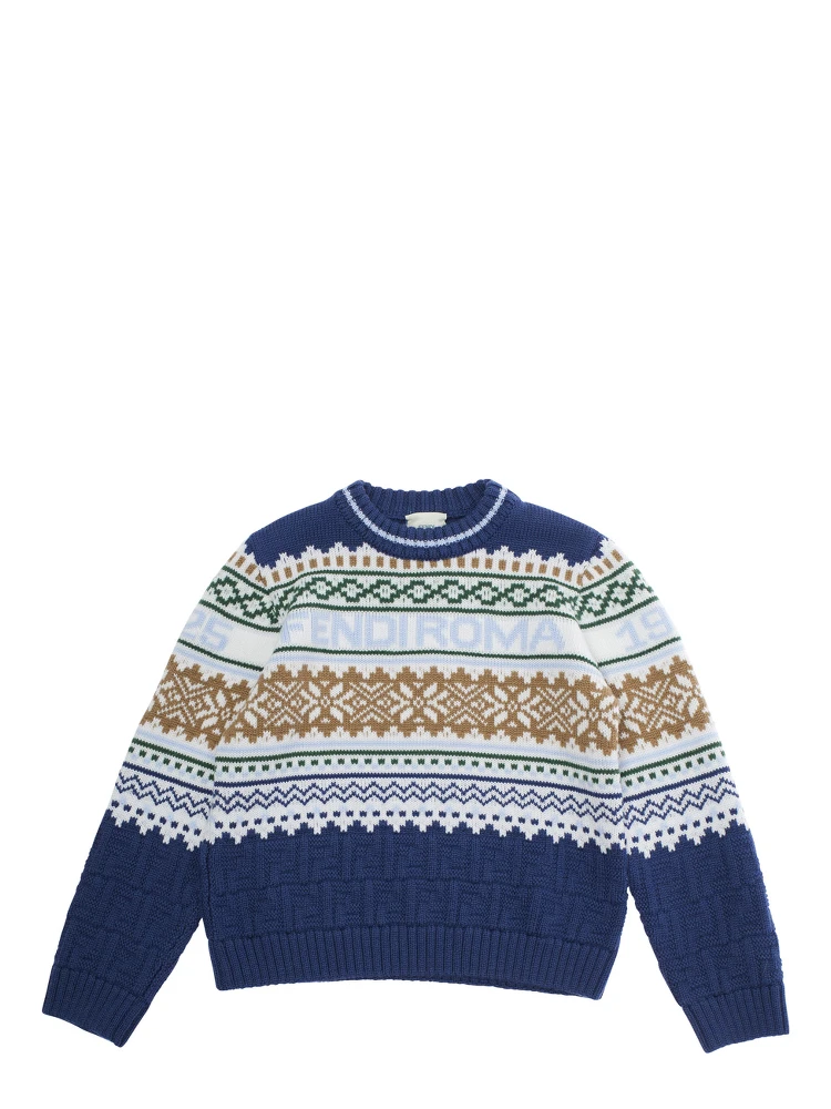 Multicolor Crewneck Sweater with Logo Lettering and Geometric Embroidery in Wool Boy