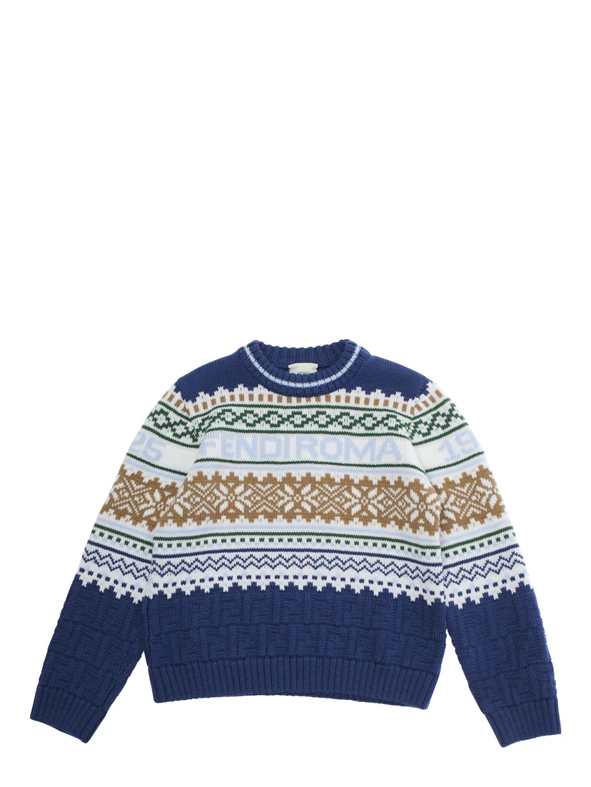 Multicolor Crewneck Sweater with Logo Lettering and Geometric Embroidery in Wool Boy