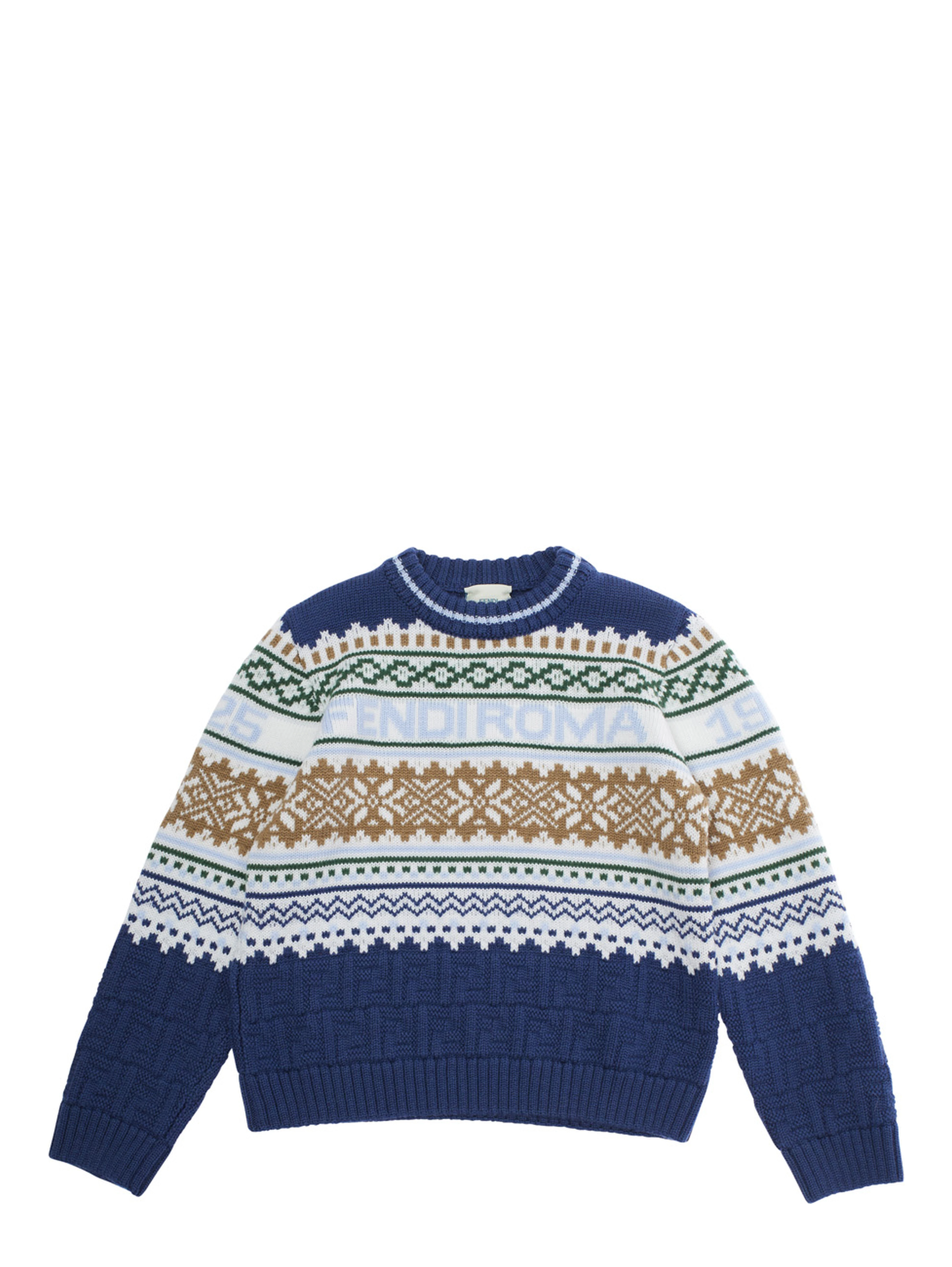 Multicolor Crewneck Sweater with Logo Lettering and Geometric Embroidery in Wool Boy