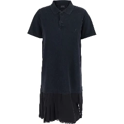 Black Layered Dress with Polo Shirt Style Collar and Safety Pin Detail in Cotton Woman