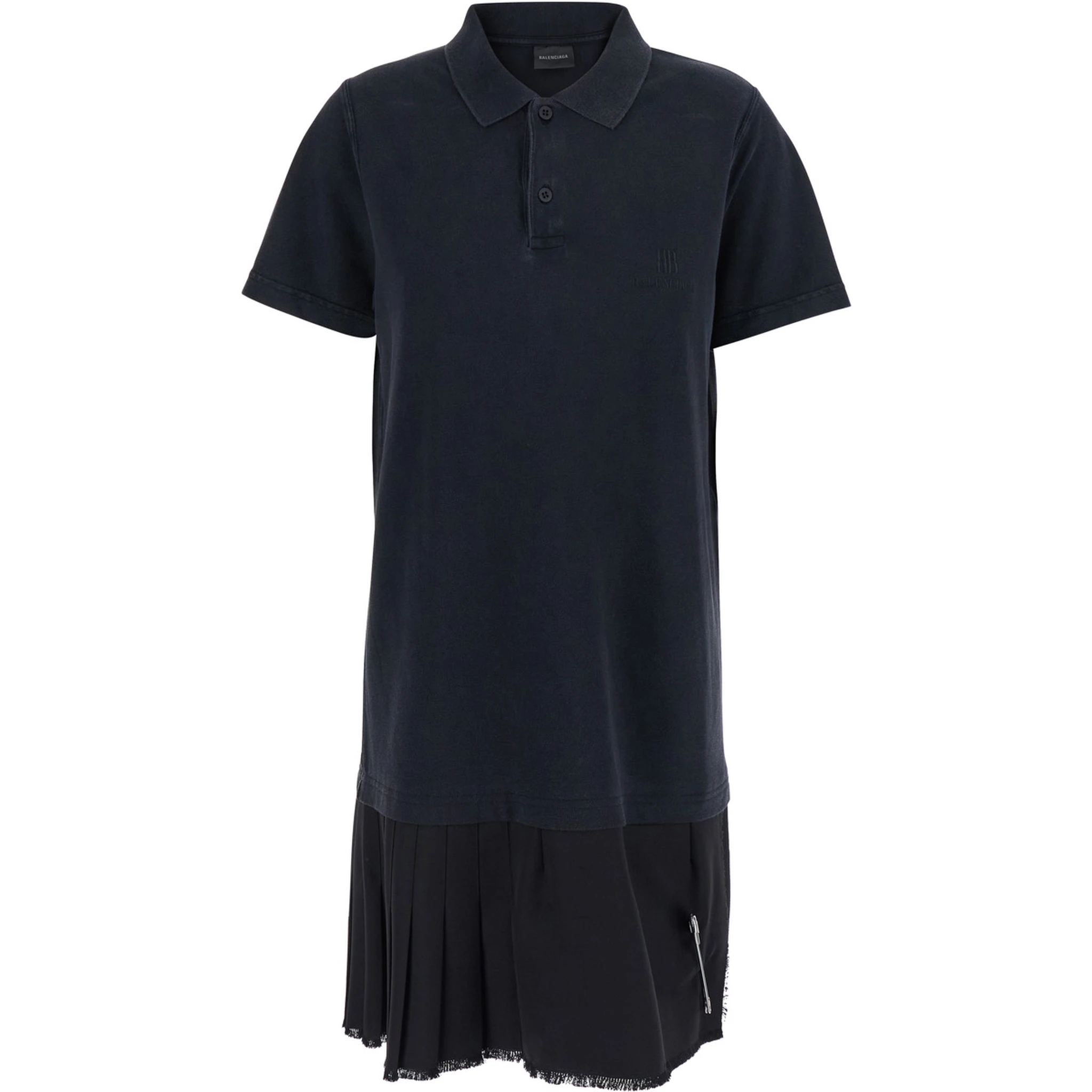 Black Layered Dress with Polo Shirt Style Collar and Safety Pin Detail in Cotton Woman
