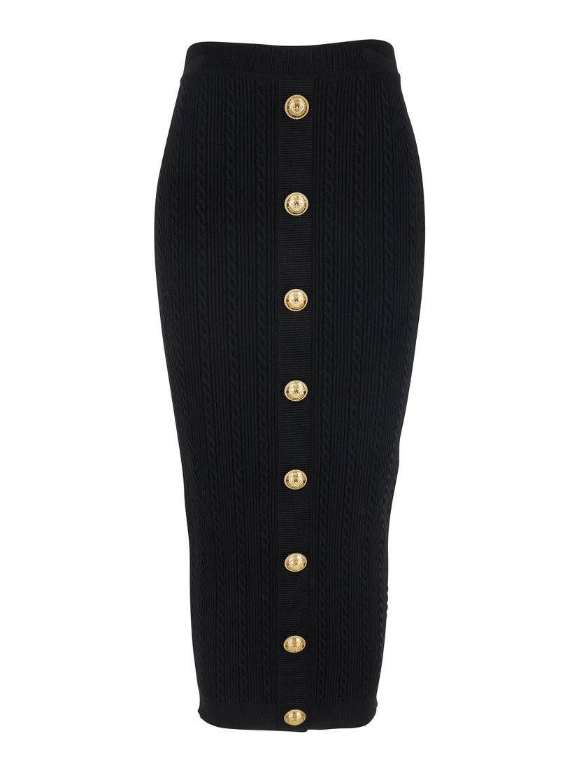 Black Skirt with Logo Buttons and Zip Closure in Viscose Blend Woman