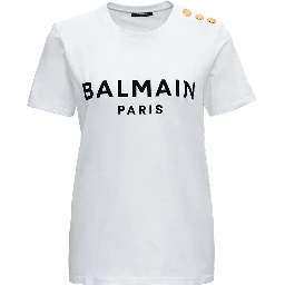 White Crewneck T-Shirt with Logo Print and Golden Buttons in Jersey Woman