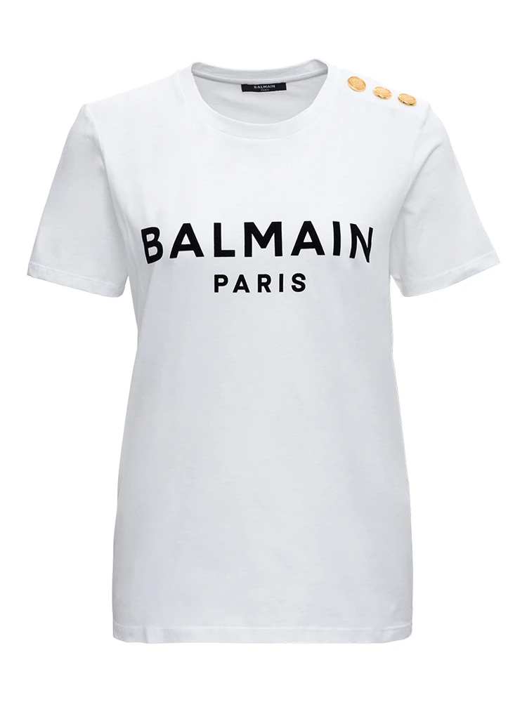 White Crewneck T-Shirt with Logo Print and Golden Buttons in Jersey Woman