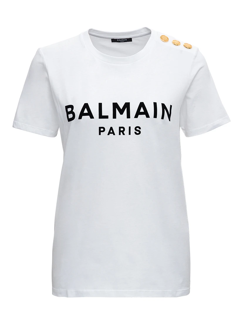 White Crewneck T-Shirt with Logo Print and Golden Buttons in Jersey Woman