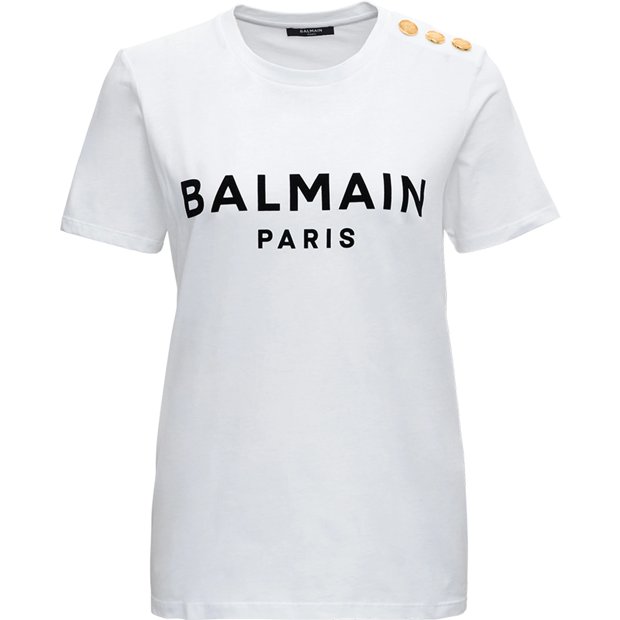White Crewneck T-Shirt with Logo Print and Golden Buttons in Jersey Woman