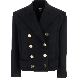 Black Jacket with Wide Lapels and Metallic Logo Buttons in Wool Woman