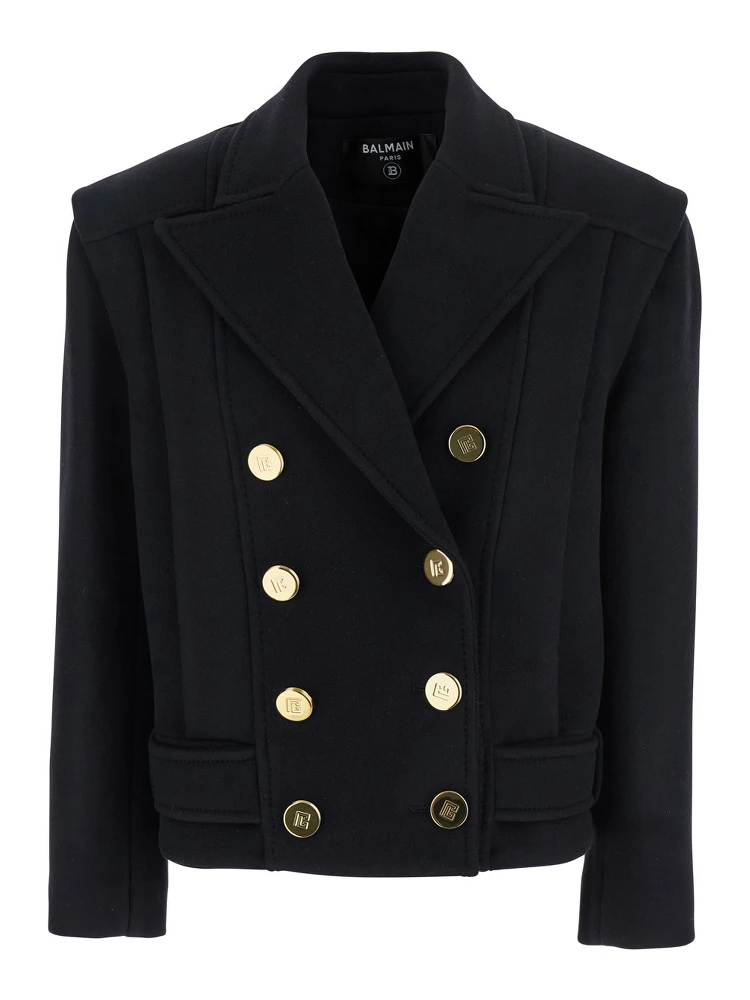 Black Jacket with Wide Lapels and Metallic Logo Buttons in Wool Woman