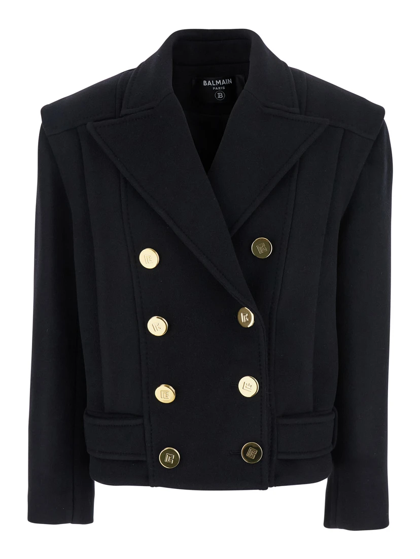 Black Jacket with Wide Lapels and Metallic Logo Buttons in Wool Woman