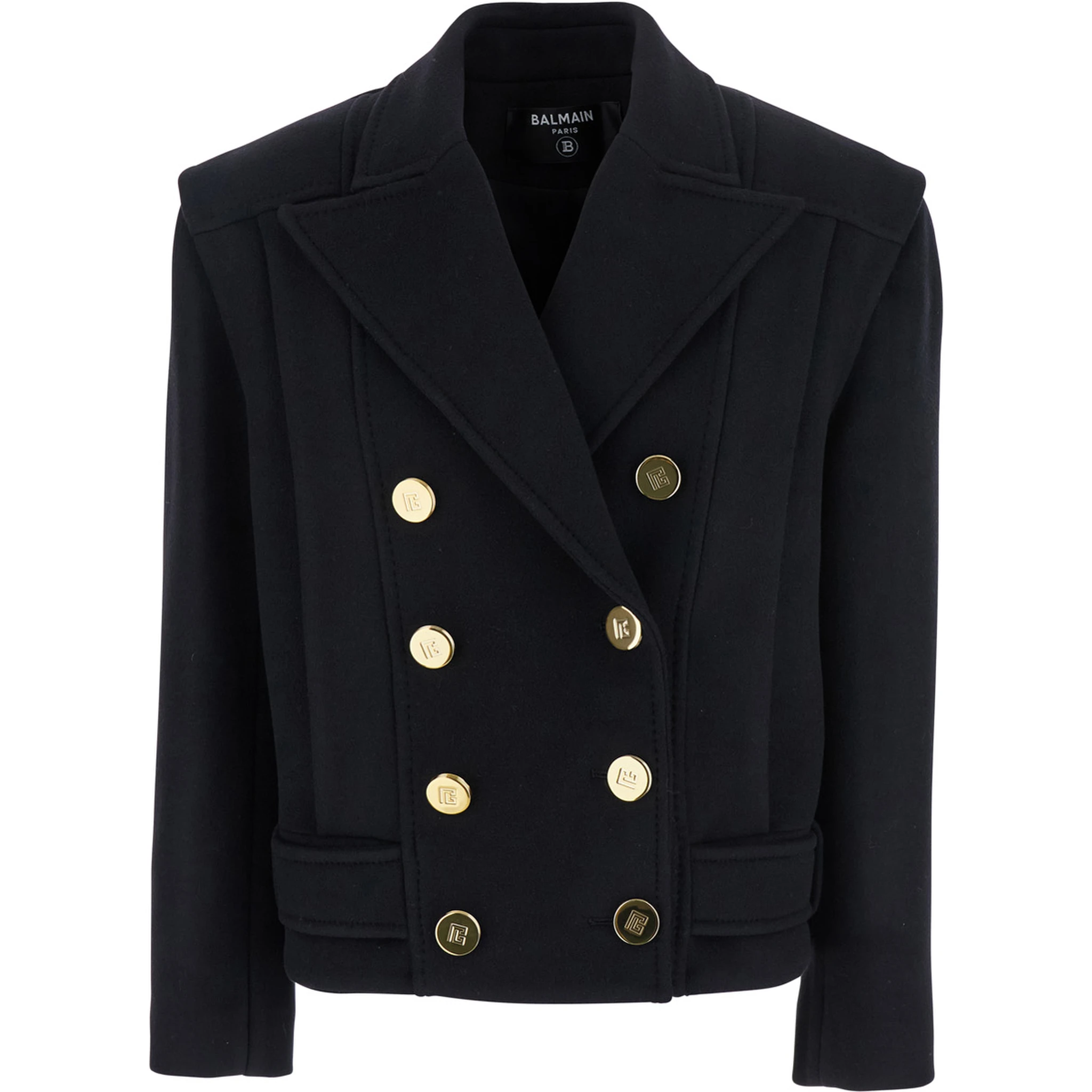 Black Jacket with Wide Lapels and Metallic Logo Buttons in Wool Woman