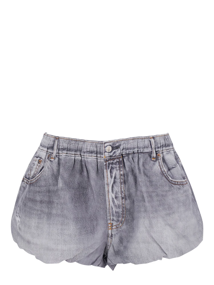 Grey Shorts with Elastic Waist and Logo Patch on the Rear in Denim Woman