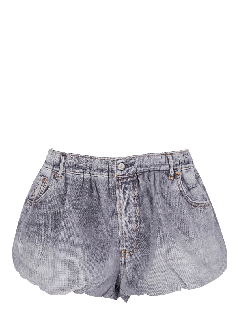 Grey Shorts with Elastic Waist and Logo Patch on the Rear in Denim Woman