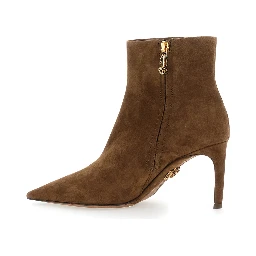 Beige Ankle Boots with Pointed Toe and Metallic Logo in Suede Woman