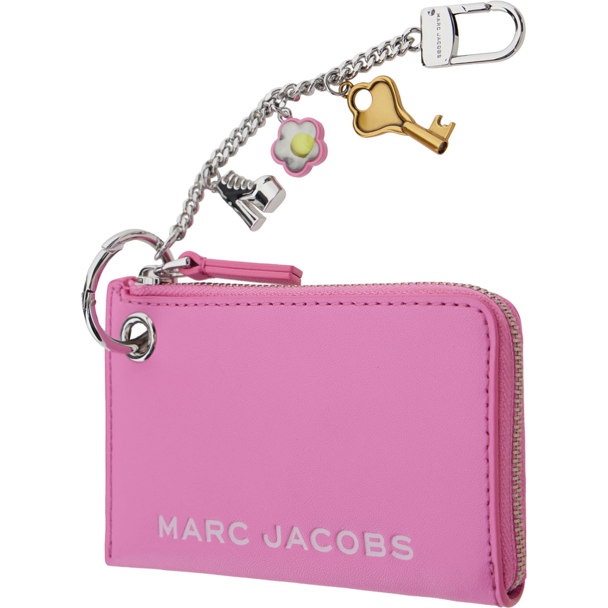 سلسلة مفاتيح وردية اللون مزينة بشعار مطبوع على الجهة الأمامية وزخارف من الجلد المحبب للنساء