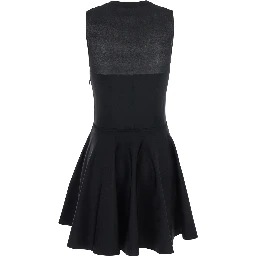 Black Crew Neck Dress with Flared Skirt in Fabric Woman
