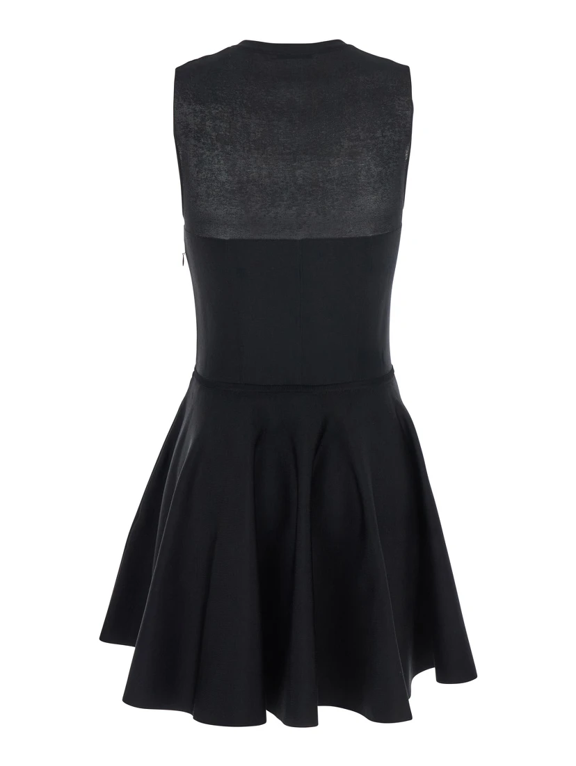 Black Crew Neck Dress with Flared Skirt in Fabric Woman