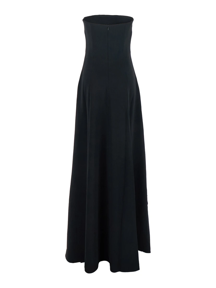 Helena Black Long Dress with Bare Shoulder and Flared Hem in Twill Woman