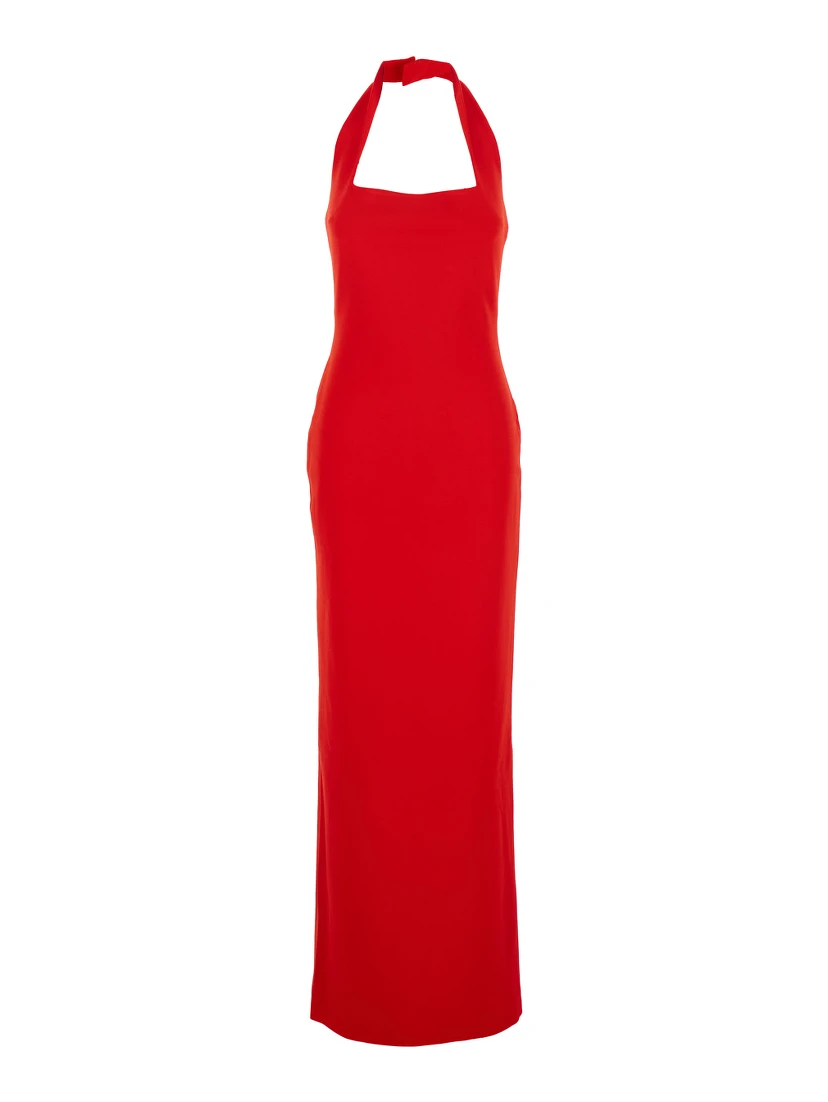 Ilona Red Long Dress with Square Neckline in Twill Woman
